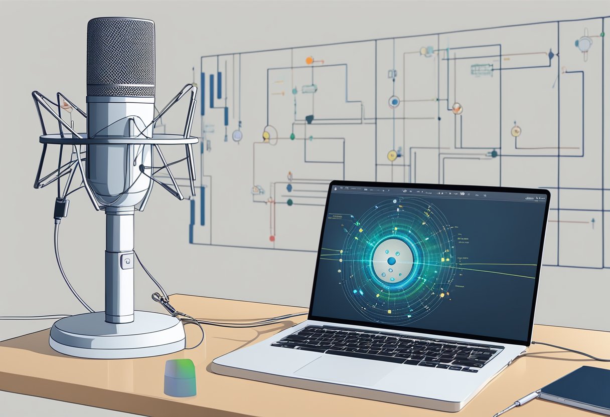 A microphone and headphones sit on a table next to a laptop displaying a complex quantum computing diagram