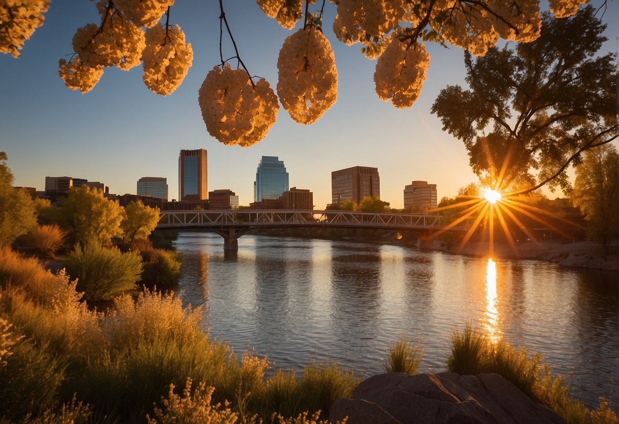 The sun sets behind the Boise River, casting a warm glow on the city skyline. The trees are in full bloom, and people are enjoying outdoor activities along the riverbank