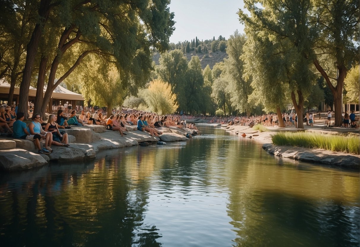 A sunny summer day in Boise, Idaho, with people hiking in the foothills, kayaking on the Boise River, and enjoying outdoor concerts in the park