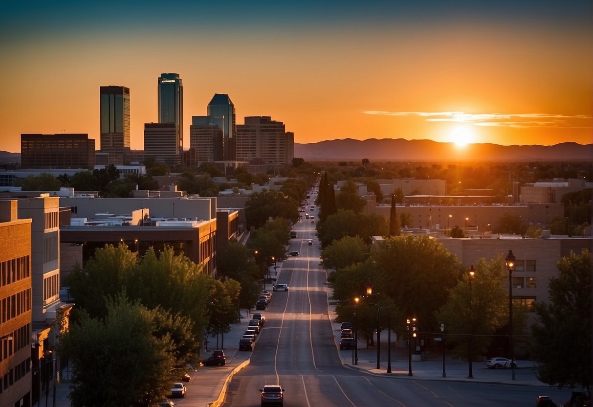 The sun sets behind the Boise skyline, casting a warm glow over the city. The streets are quiet, with only a few people strolling along the sidewalks. The city lights begin to twinkle as the sky darkens, creating a peaceful and inviting