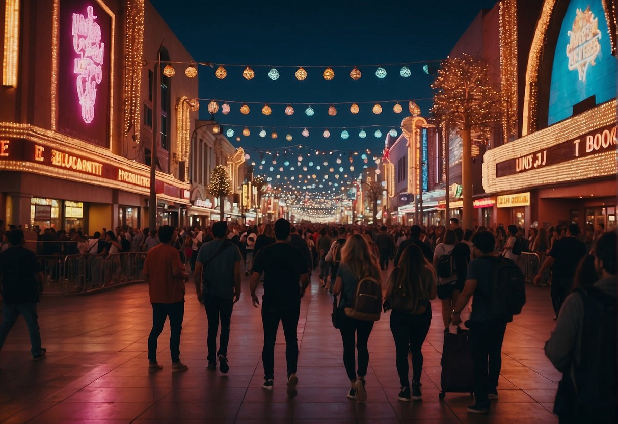 Crowds fill Fremont Street under colorful lights and lively music, creating a vibrant and energetic atmosphere