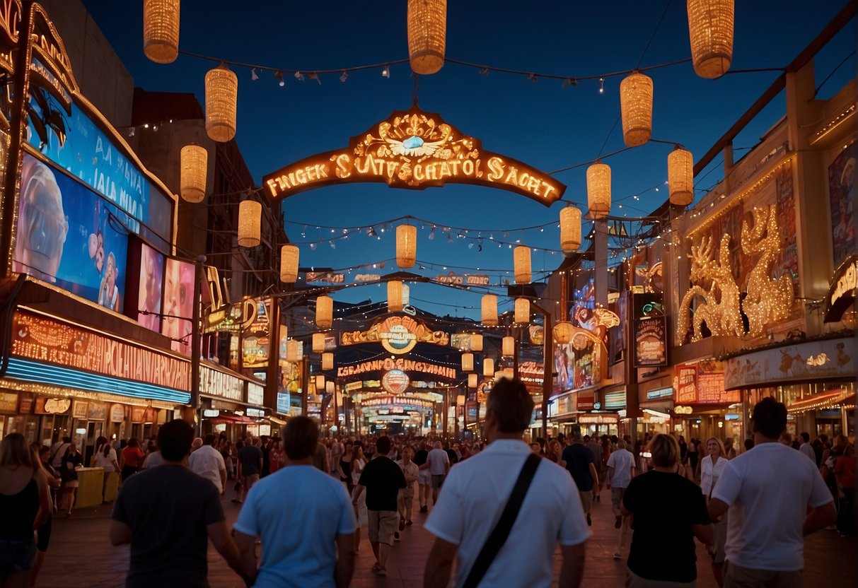 Crowds fill Fremont Street under a canopy of colorful lights, music, and entertainment. Nighttime brings the best atmosphere, with the dazzling display of neon signs and bustling energy