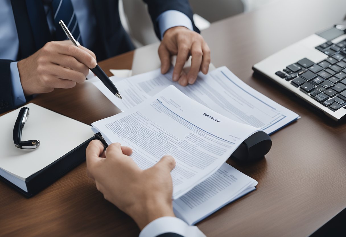 A medical lawyer reviewing legal documents in a modern office setting