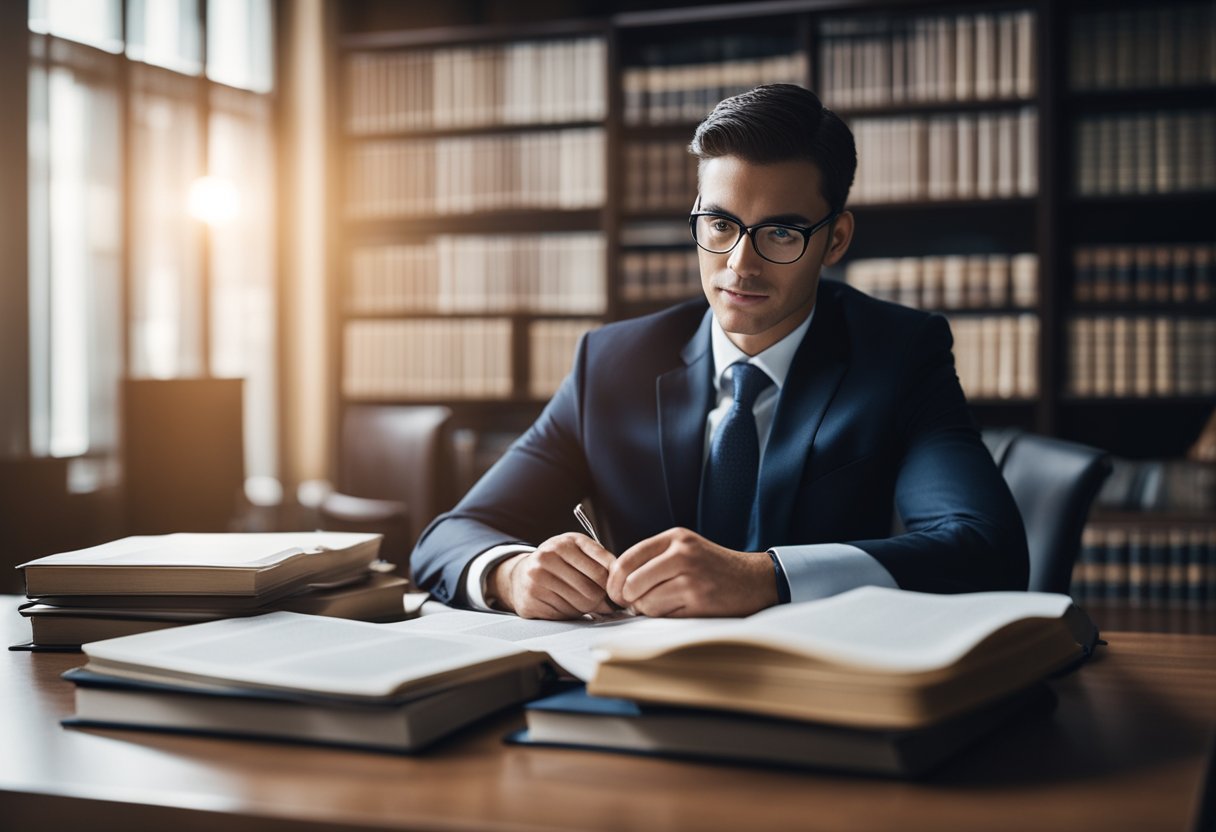 A lawyer studying medical law, surrounded by legal books and documents