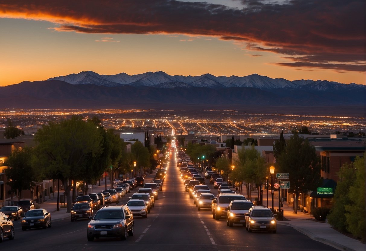 The sun sets behind the Sierra Nevada mountains, casting a warm glow over the city of Reno. The streets are alive with activity as people enjoy the pleasant evening weather