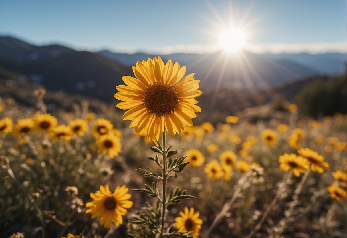 Bright sun over snow-capped mountains, colorful fall foliage, and blooming wildflowers in Reno