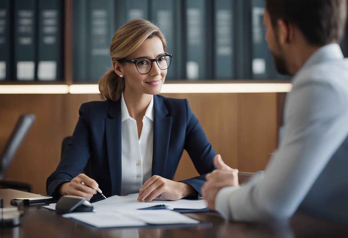 A lawyer specializing in medical law, consulting with a client in a professional office setting