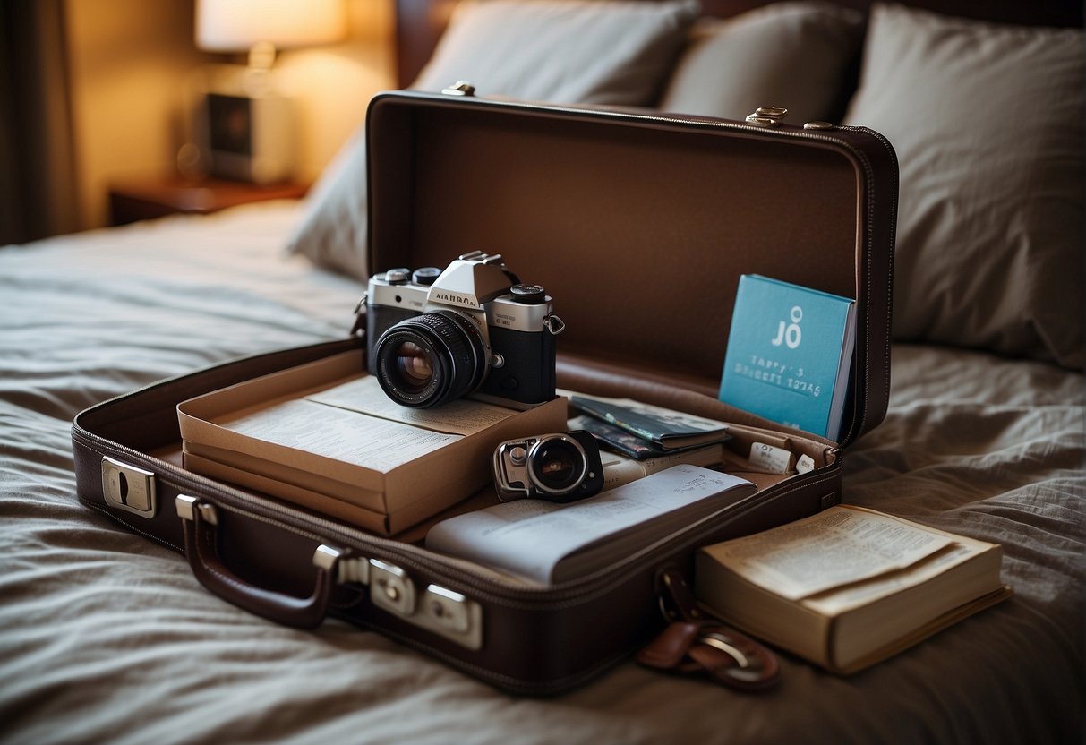 A suitcase open on a bed, filled with clothes, a camera, and a guidebook. A map of Reno and a calendar showing the best time to visit