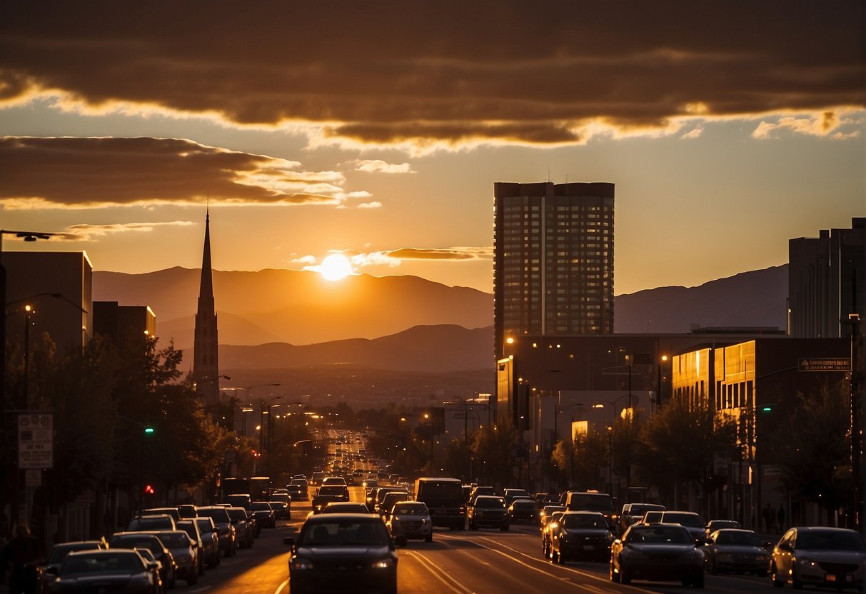 The sun sets behind the silhouette of the Reno skyline, casting a warm glow over the city. The streets are bustling with activity as people enjoy the lively atmosphere