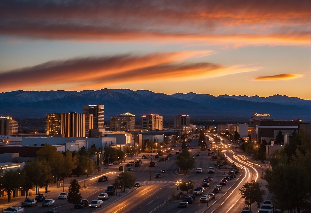 The sun sets over the Sierra Nevada mountains, casting a warm glow on the city of Reno. The streets are alive with activity as people enjoy the mild evening weather