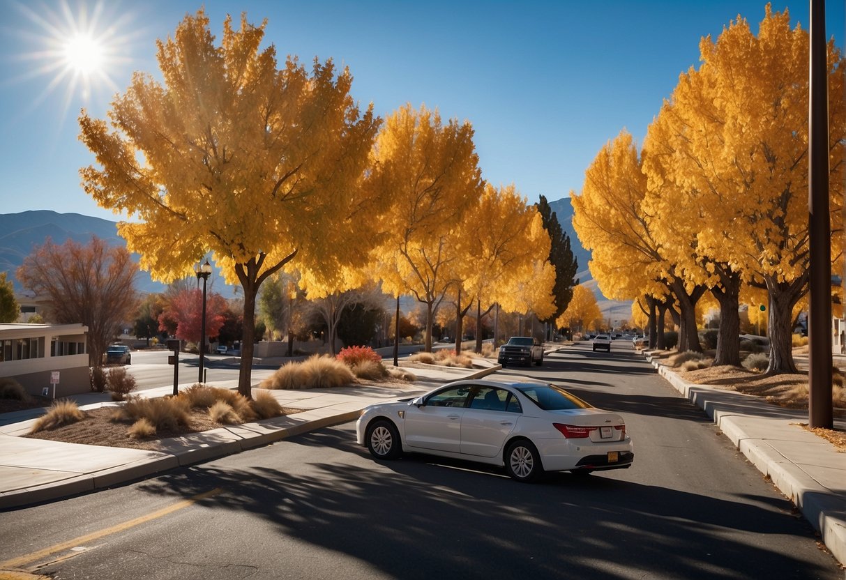 Sunny skies over snow-capped mountains in the distance. Trees with vibrant autumn foliage line the streets. A clear, crisp day in Reno, Nevada