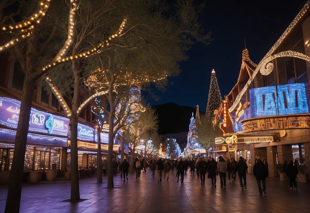 The bustling streets of Reno, Nevada, filled with colorful lights and lively entertainment, surrounded by the picturesque Sierra Nevada mountains