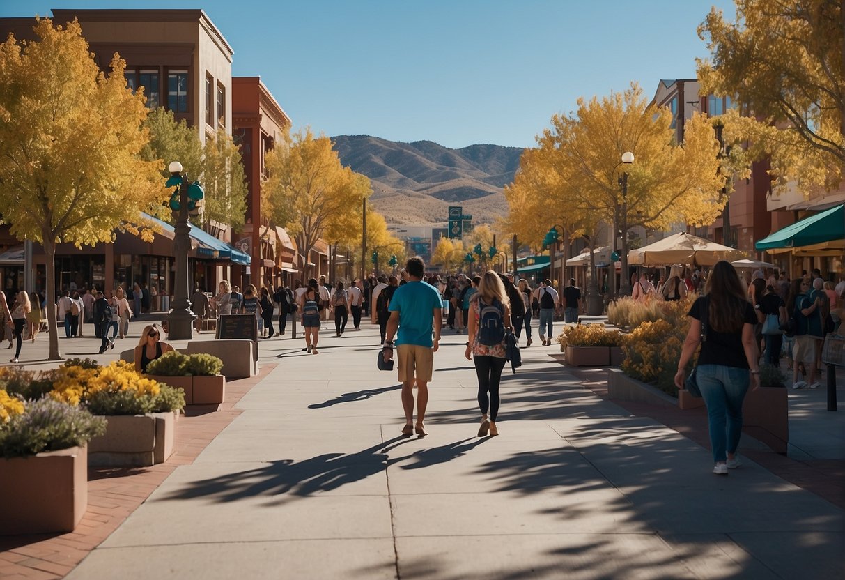 A sunny day in Reno, Nevada, with clear blue skies and a bustling cityscape. People are seen enjoying outdoor activities and exploring the vibrant city