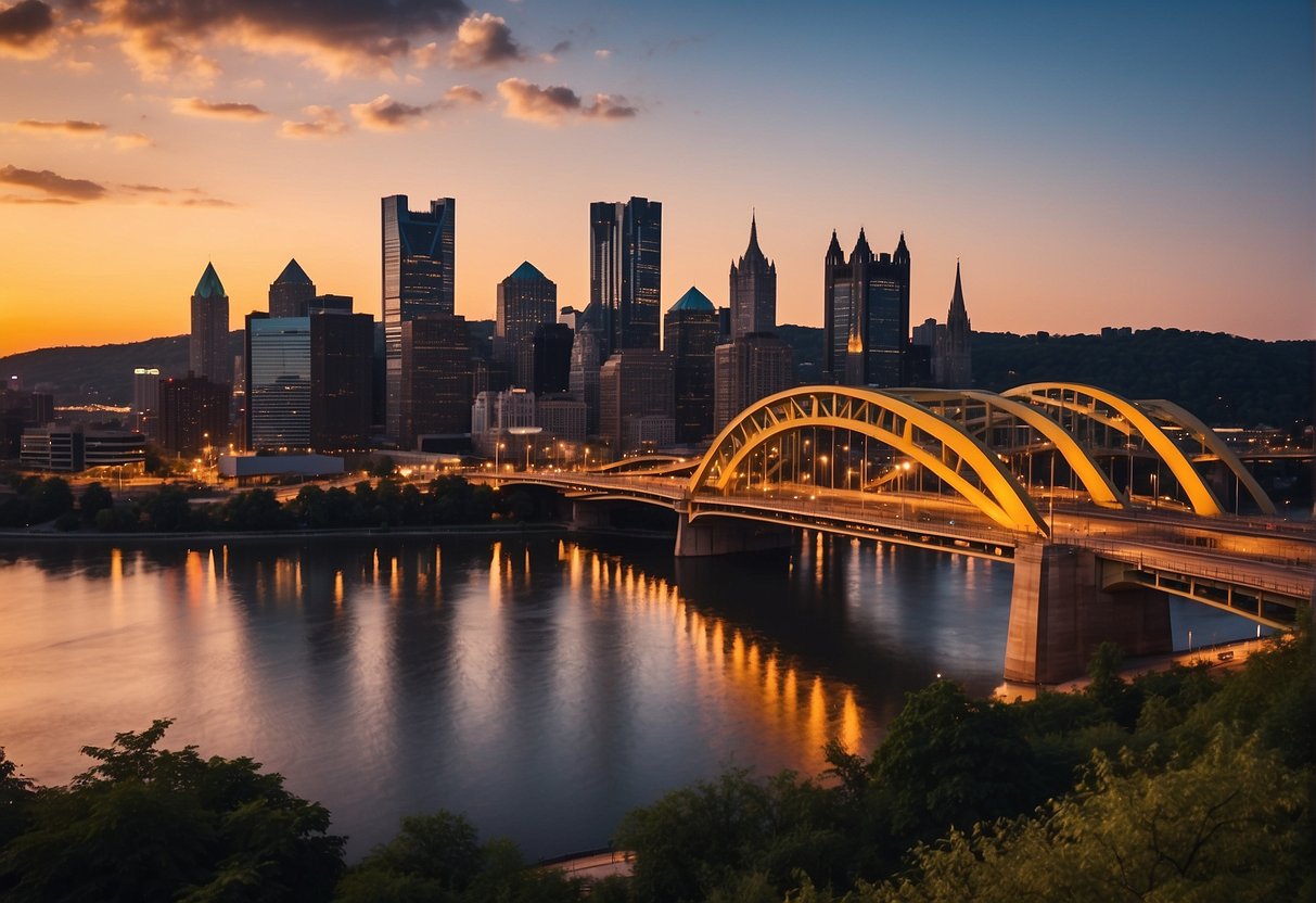 Downtown Pittsburgh at dusk, with the city skyline illuminated by the setting sun. The Three Rivers intersecting beneath the bridges