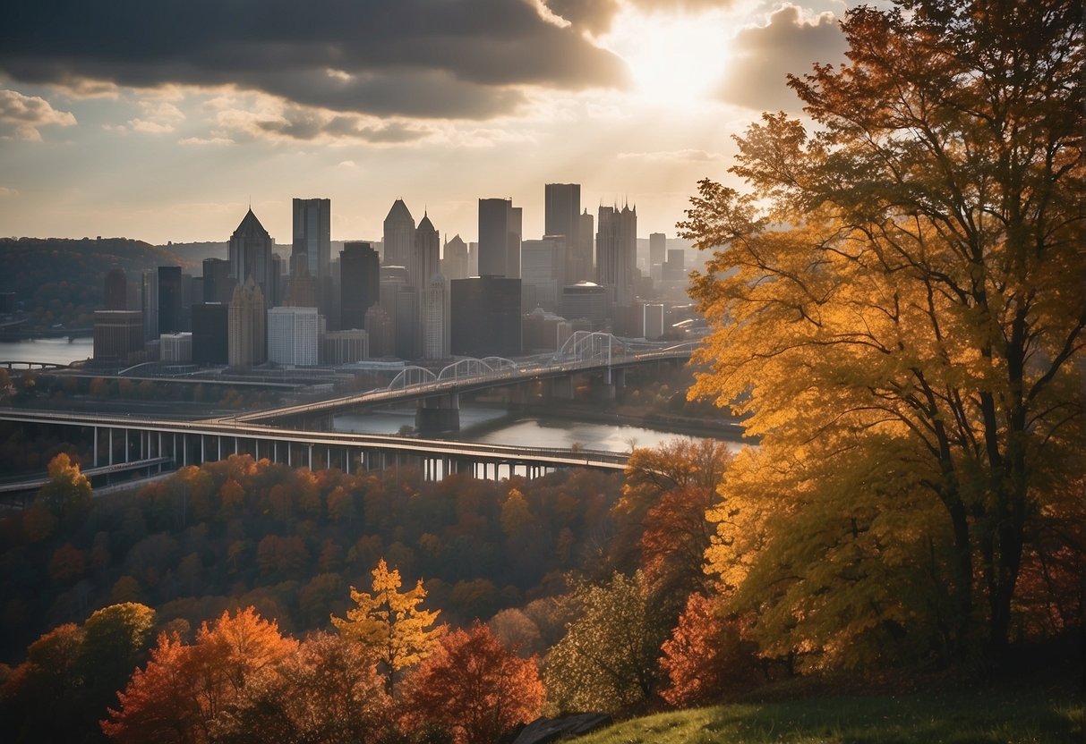 The sun shines over the colorful autumn leaves, as a cool breeze blows through the city of Pittsburgh. Gray clouds gather in the distance, hinting at the approaching winter