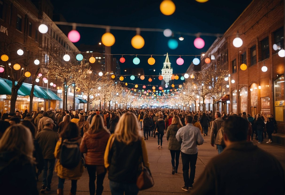 People enjoying cultural events and activities in Pittsburgh. Bright lights, lively music, and colorful decorations fill the streets