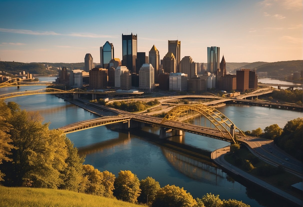 A sunny day in Pittsburgh with a clear blue sky, showcasing the city's iconic skyline and vibrant downtown area