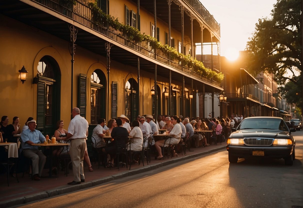 The sun sets over a bustling French Quarter street, casting a warm glow on the historic buildings and lively outdoor cafes. The air is filled with the sounds of jazz music and the aroma of Creole cuisine