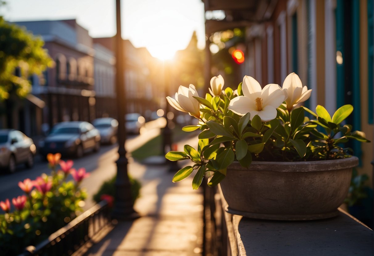 The sun shines brightly over the colorful streets of New Orleans, with vibrant flowers blooming and lush greenery all around. The warm breeze carries the scent of magnolia and hints of jazz music fill the air