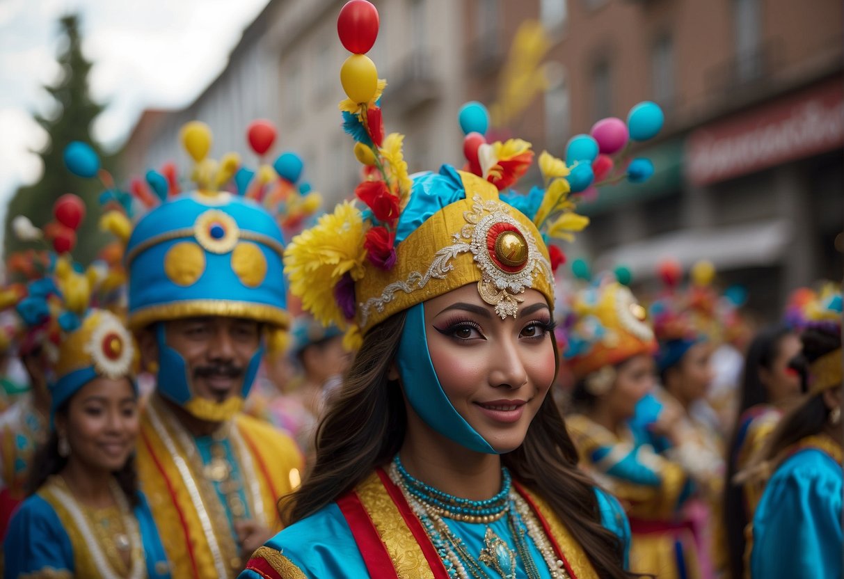 Colorful floats parade down the streets, accompanied by lively music and dancing. Vibrant costumes and traditional masks fill the air with excitement