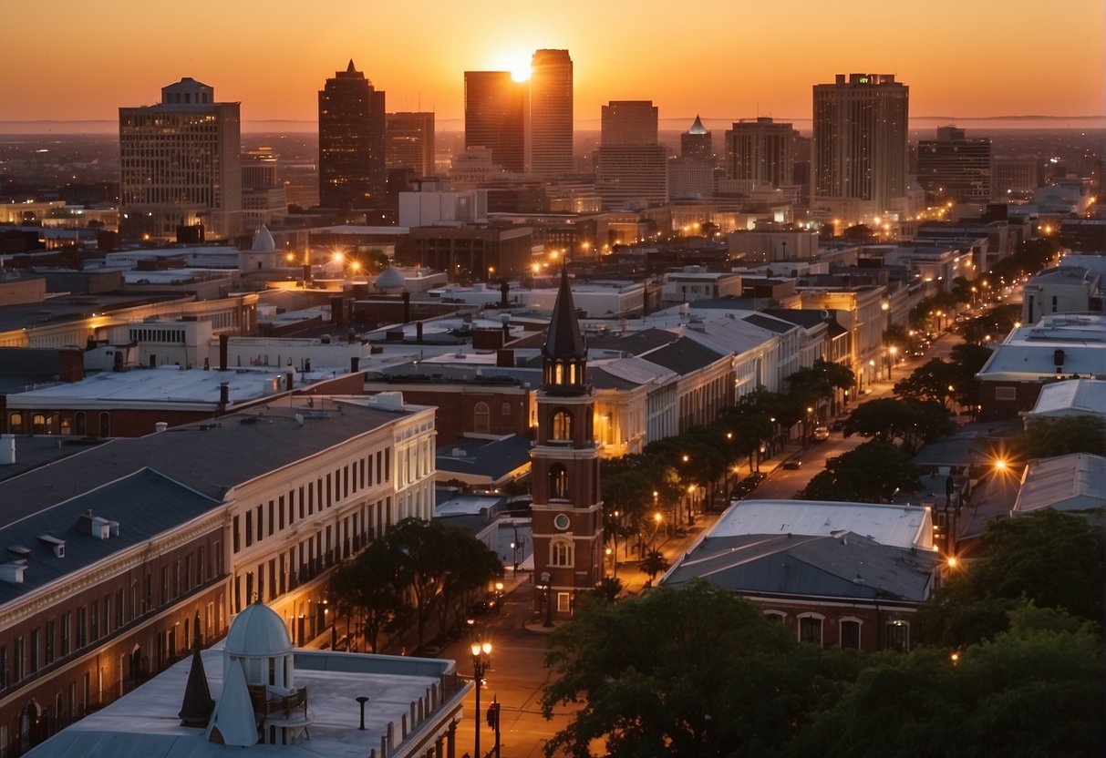 The sun sets over the iconic skyline of New Orleans, casting a warm glow on the historic buildings and bustling streets below