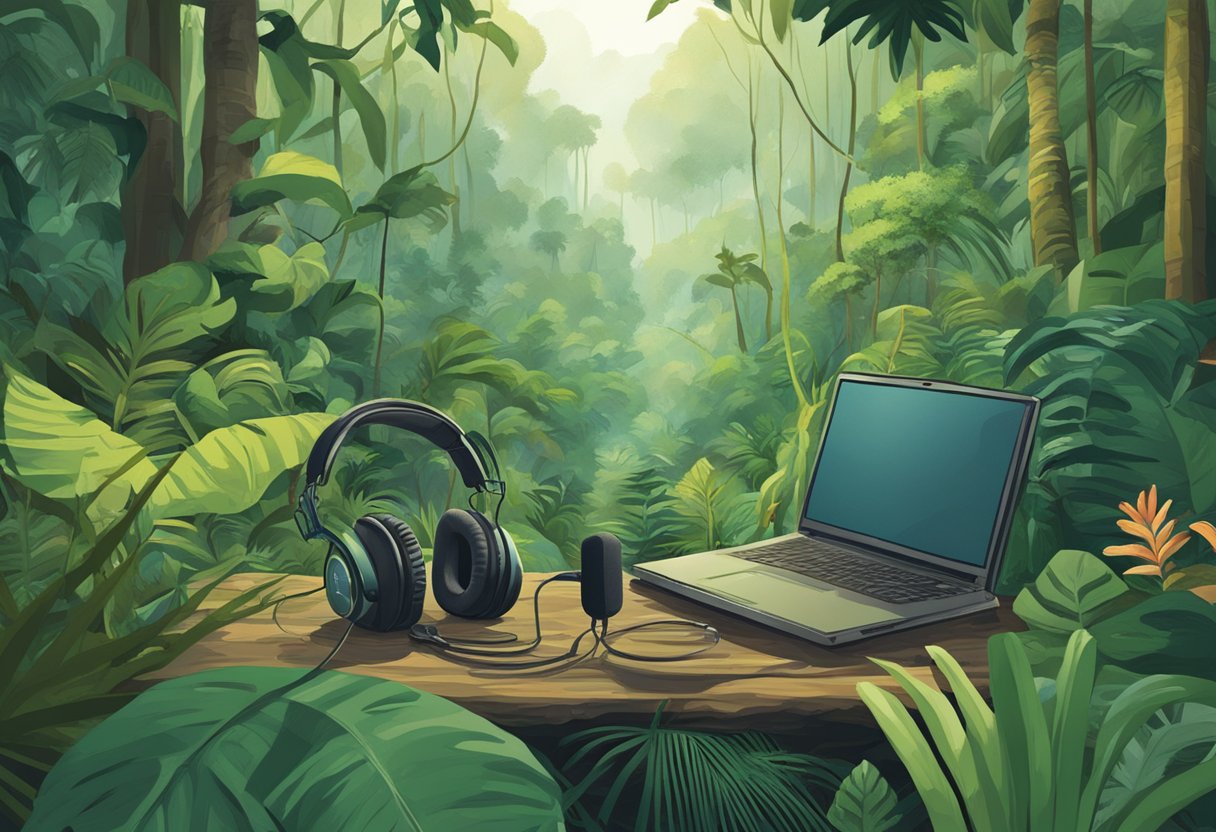 A lush Amazon rainforest with diverse plant and animal life. A microphone and headphones symbolize a podcast. Paul Rosolie's name is prominent