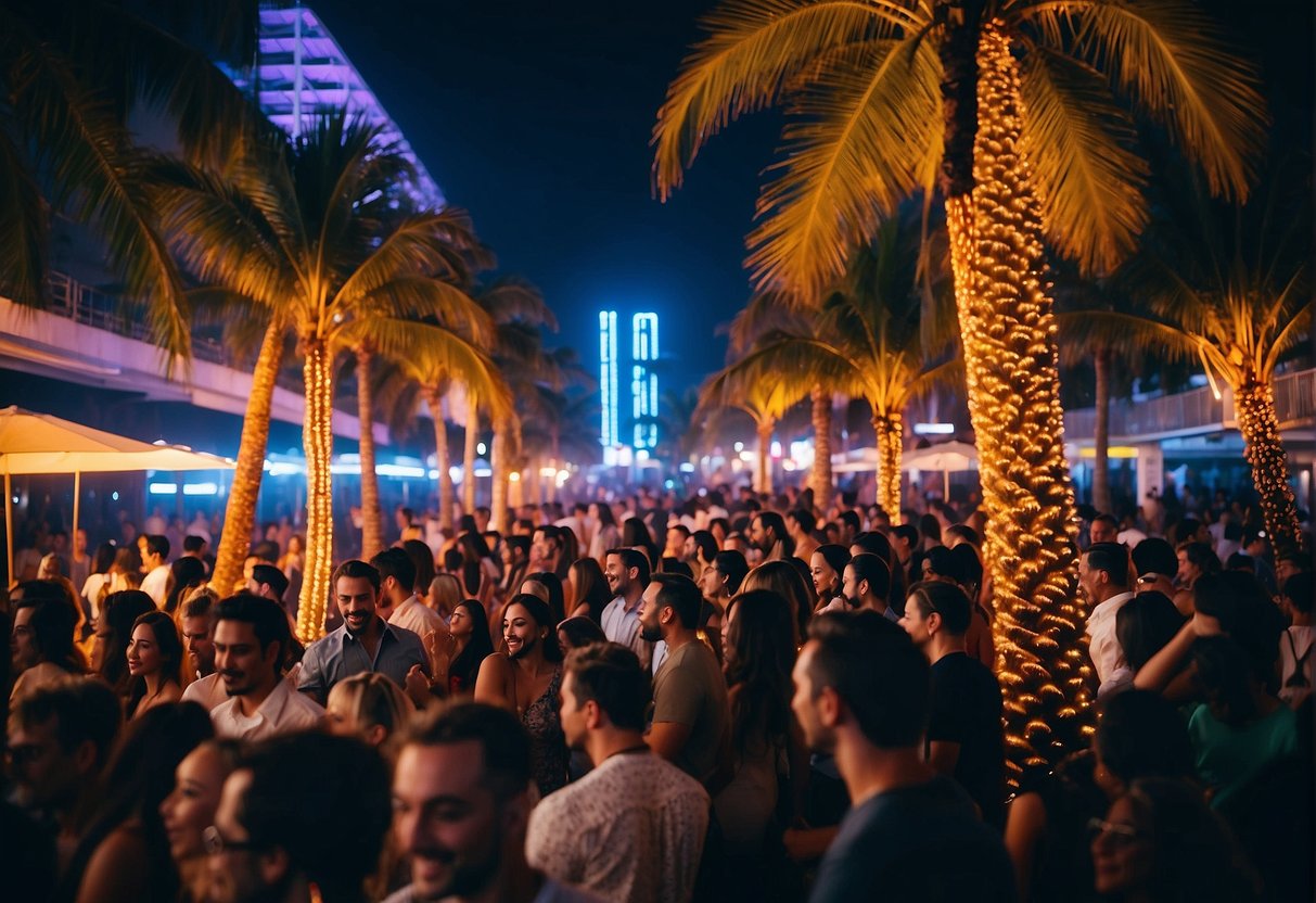 Vibrant nightlife in Miami, with neon lights, crowded clubs, and people dancing. Warm weather and palm trees in the background
