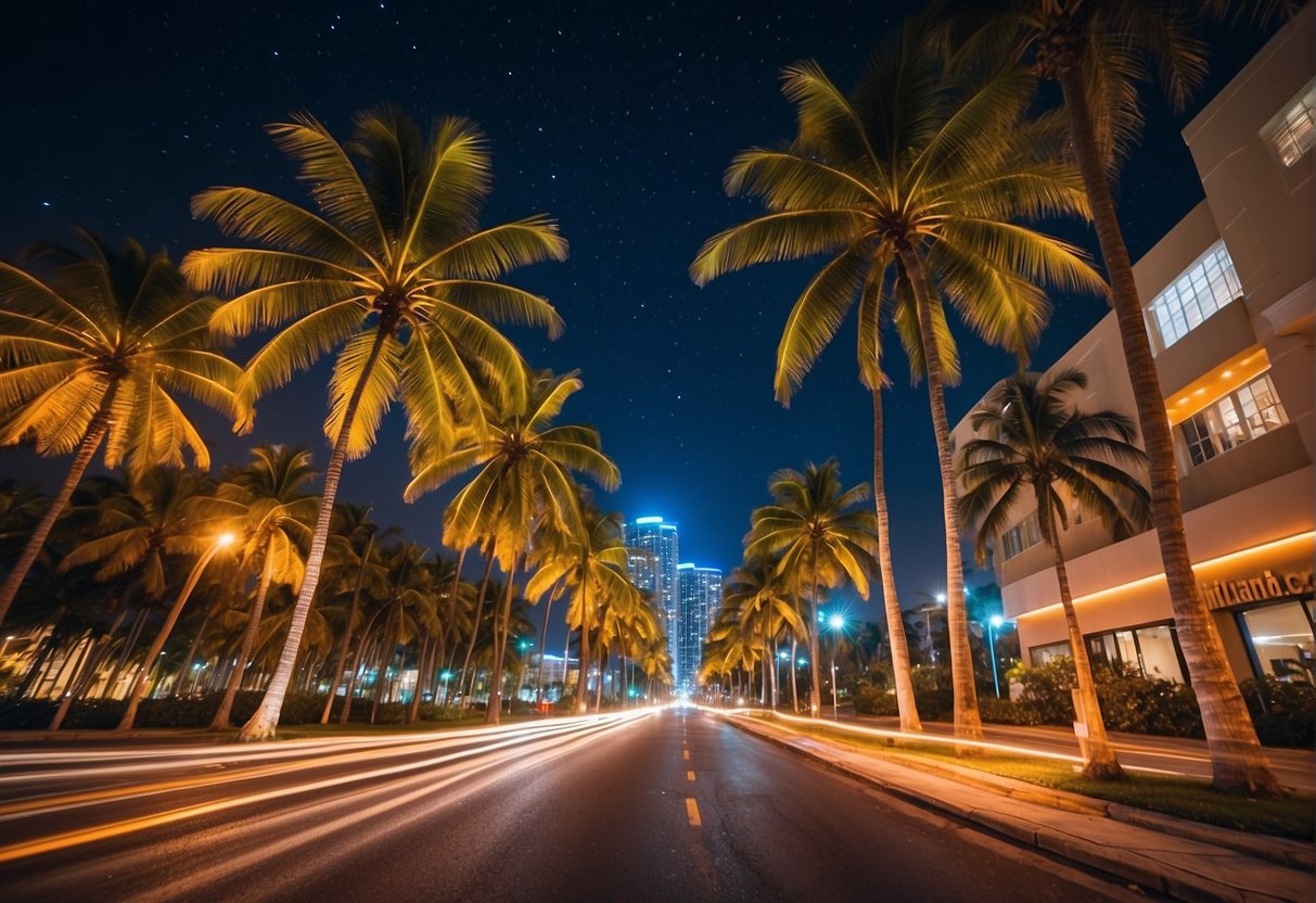 Vibrant Miami nightlife: palm trees sway under a starry sky, neon lights illuminate bustling streets, and music fills the air. Ideal for a lively illustration
