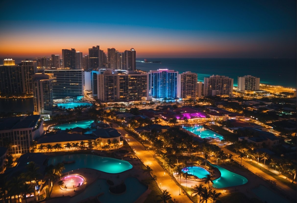 Vibrant nightlife in Miami, with neon lights illuminating the streets, crowded clubs, and lively beach parties. Warm weather and festive atmosphere create the perfect setting for a night of partying