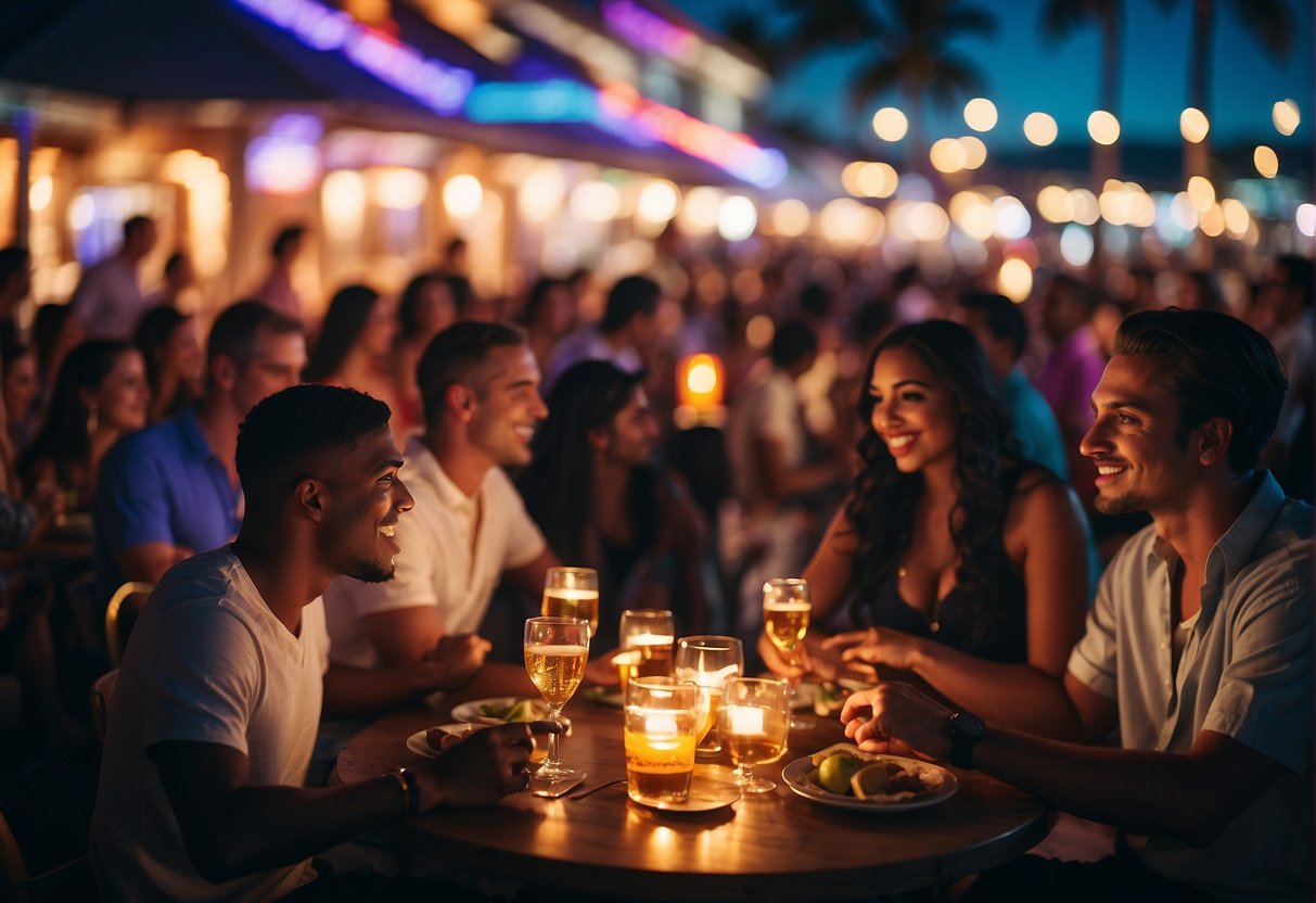 A vibrant Miami nightlife scene with colorful lights, bustling crowds, and lively music at the forefront of a beachfront club