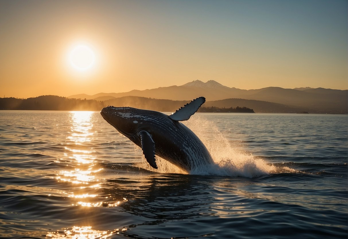 Whales breach in the calm waters of Puget Sound, with the iconic Seattle skyline in the background. The sun sets behind the mountains, casting a golden glow over the scene