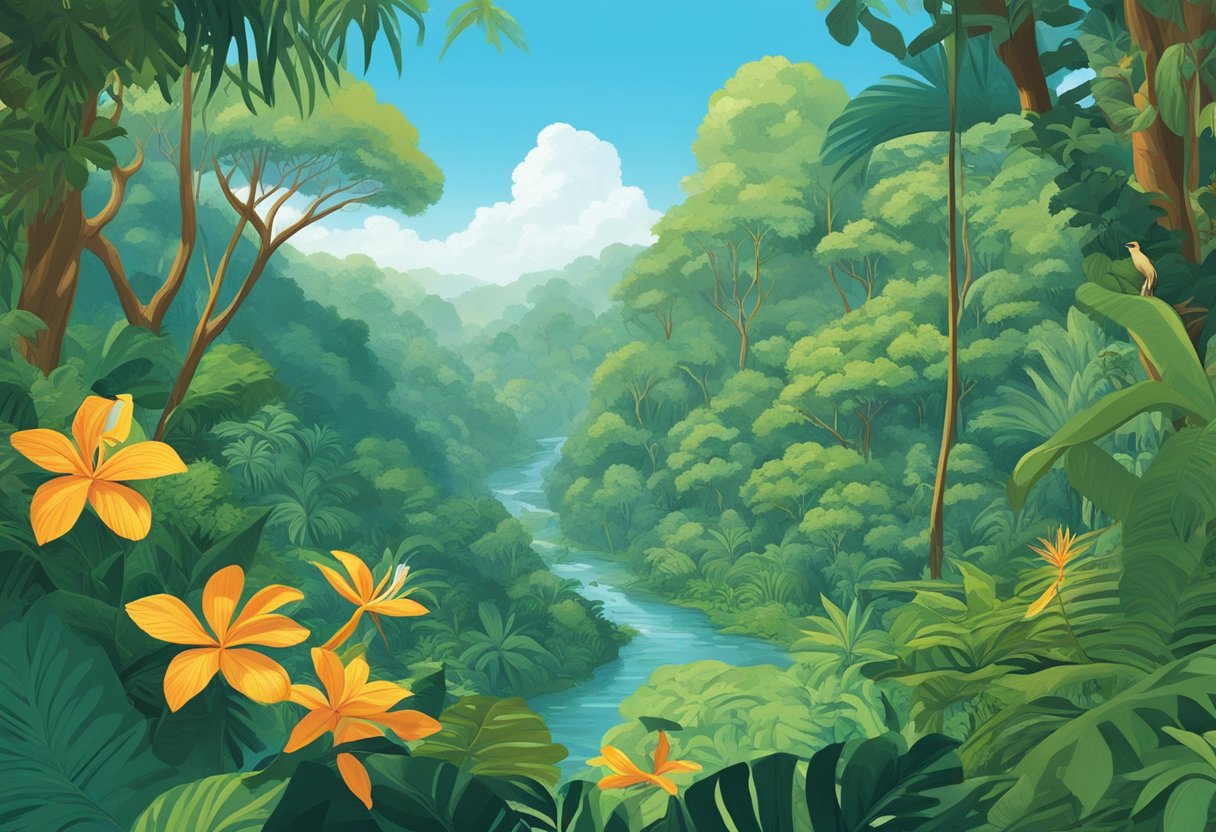 A lush Amazon rainforest spreads out beneath a bright blue sky, with exotic flora and fauna thriving in the rich, diverse ecosystem. The distant sound of a Joe Rogan podcast can be heard in the background