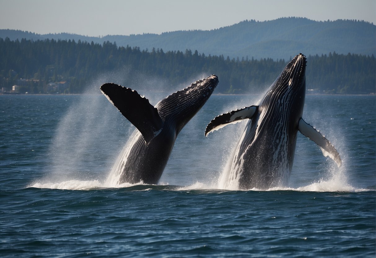 Whales breach and spout in the calm waters off Seattle during the peak whale watching season
