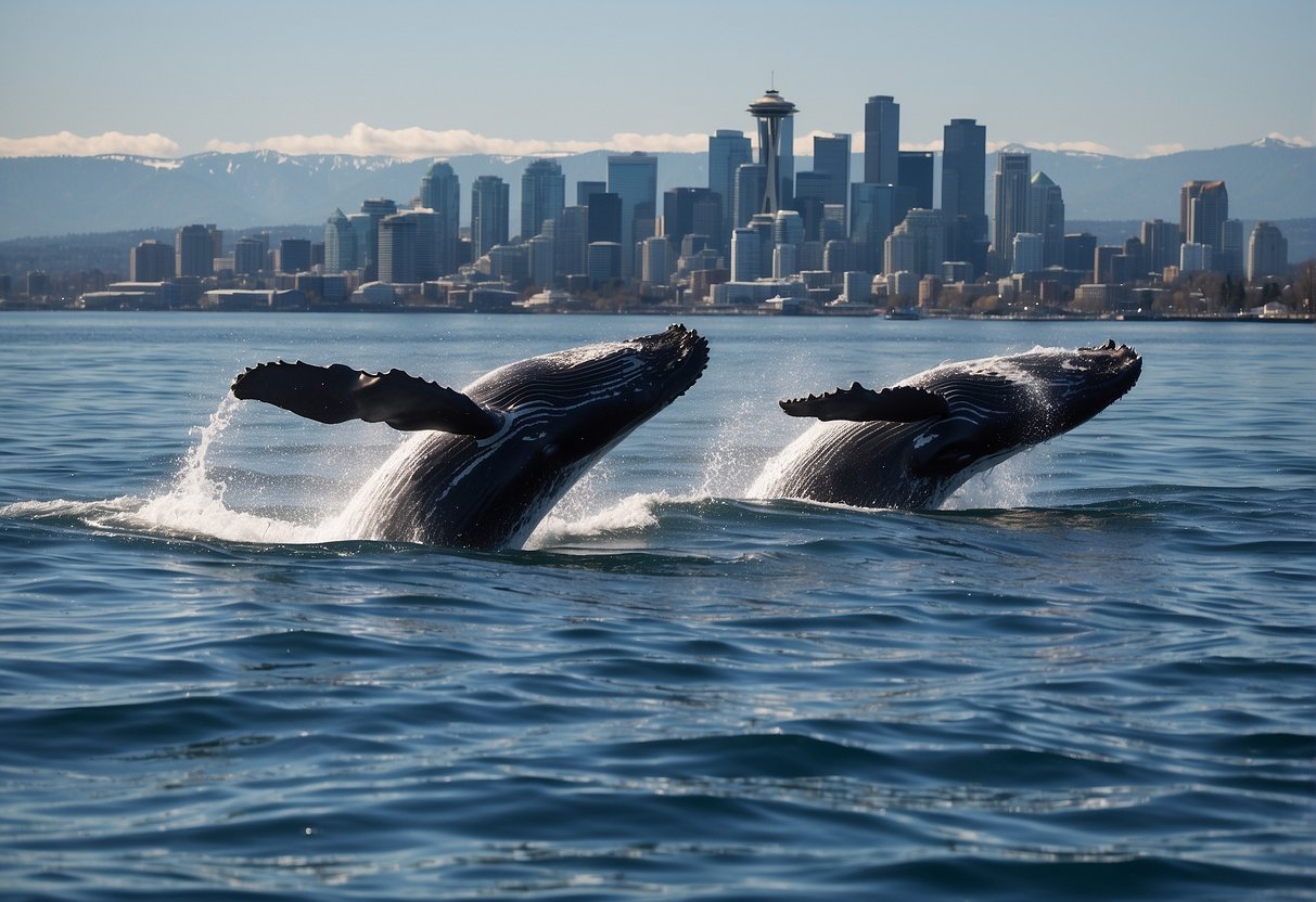 Whales breaching in the waters off Seattle, with a backdrop of the city's skyline and a clear blue sky