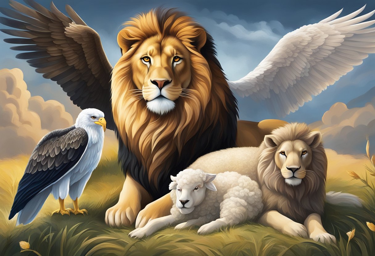Animals in a dream: lion representing strength, eagle symbolizing freedom, and lamb signifying innocence