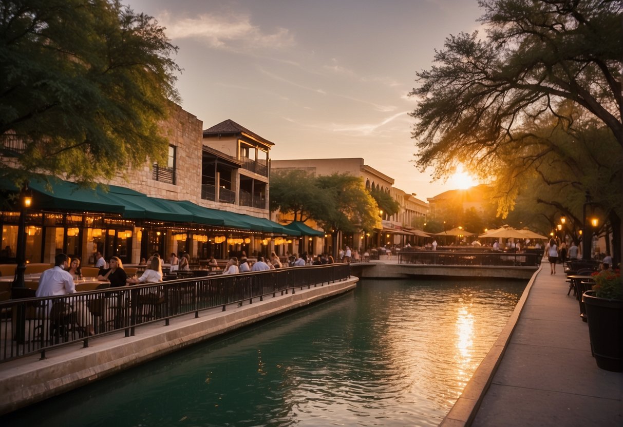 The sun sets over the San Antonio Riverwalk, casting a warm glow on the winding waterway and bustling restaurants
