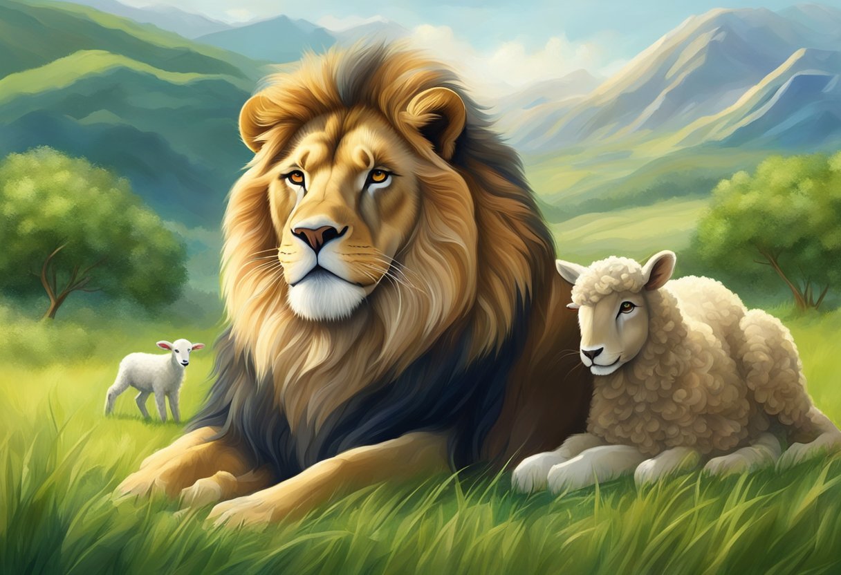 A lion and a lamb peacefully coexist in a lush, green meadow, symbolizing harmony and unity in Biblical dream interpretation