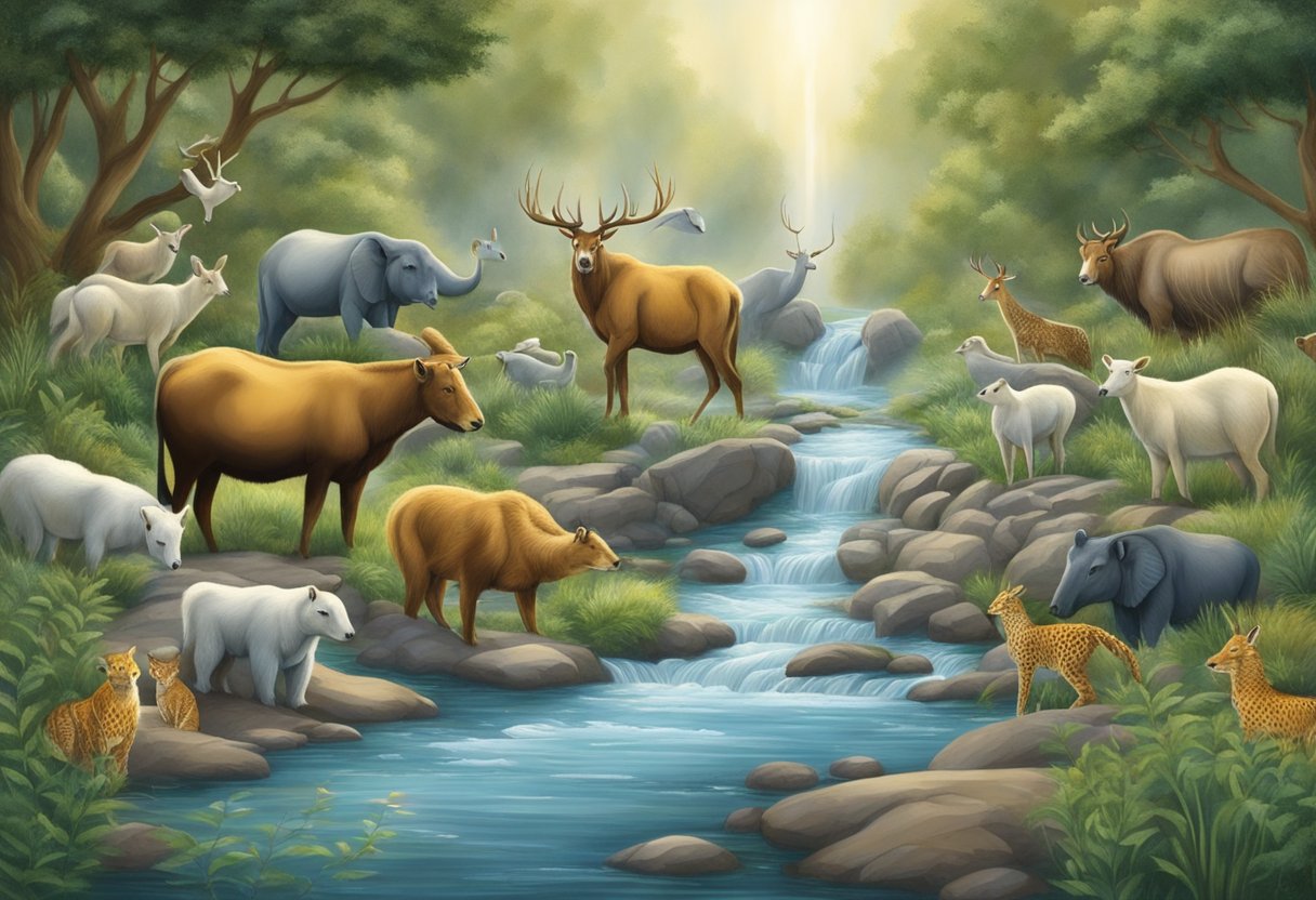 Animals gather around a peaceful, flowing stream, symbolizing divine guidance and spiritual wisdom in biblical dreams