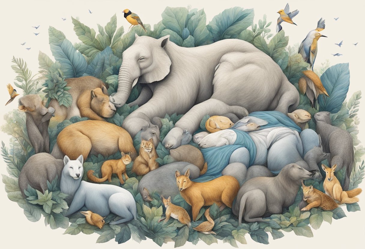 Animals gather around a sleeping figure, each with a distinct posture and expression, symbolizing the interpretation of animal behavior in dreams