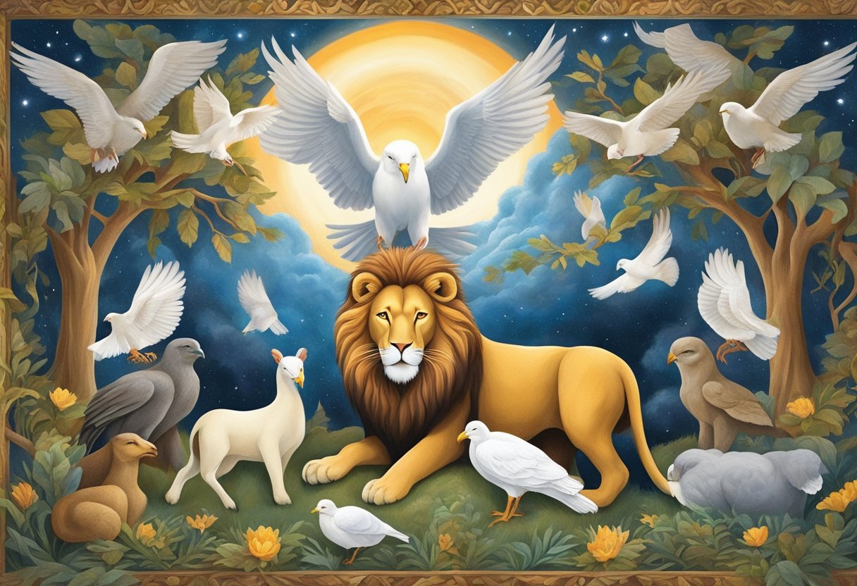 Various animals surround a figure in a dream: lion, lamb, eagle, and dove. The scene conveys a sense of peace and harmony