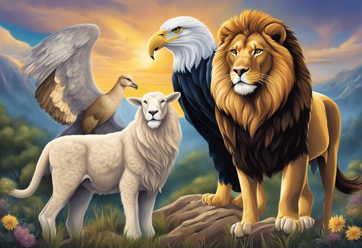 A lion, eagle, and lamb stand together, representing strength, vision, and peace. Each animal holds symbolic meaning in dreams and prophecy