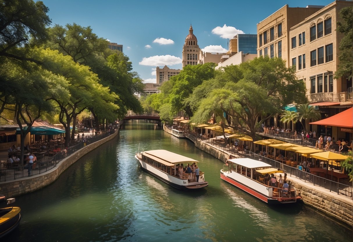 Tourists strolling along the San Antonio Riverwalk, admiring the colorful buildings and lush greenery, while boats glide peacefully along the waterway