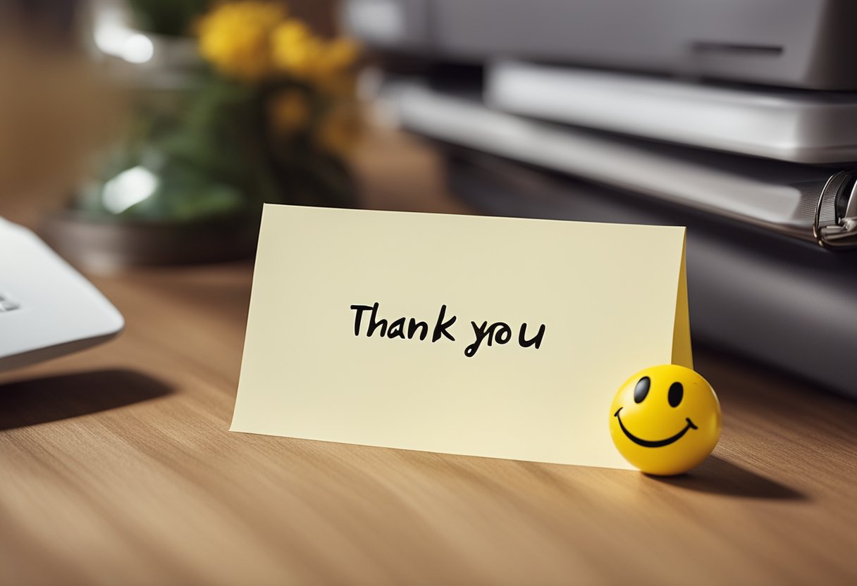 A person leaving a thank-you note on a coworker's desk, with a smiley face and the words "Thank You" written in bold letters