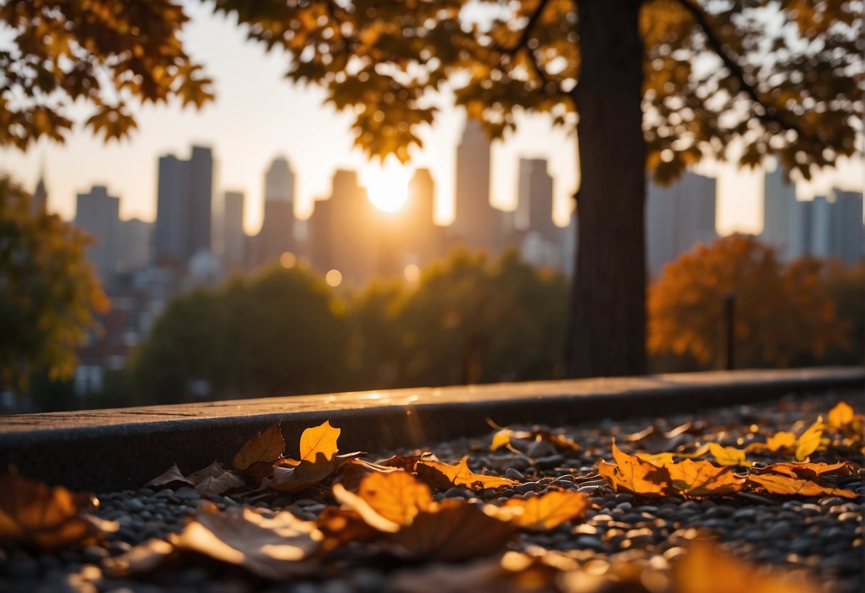 The sun sets behind the skyline, casting a warm glow over the city. Colorful leaves carpet the streets as a gentle breeze rustles through the trees