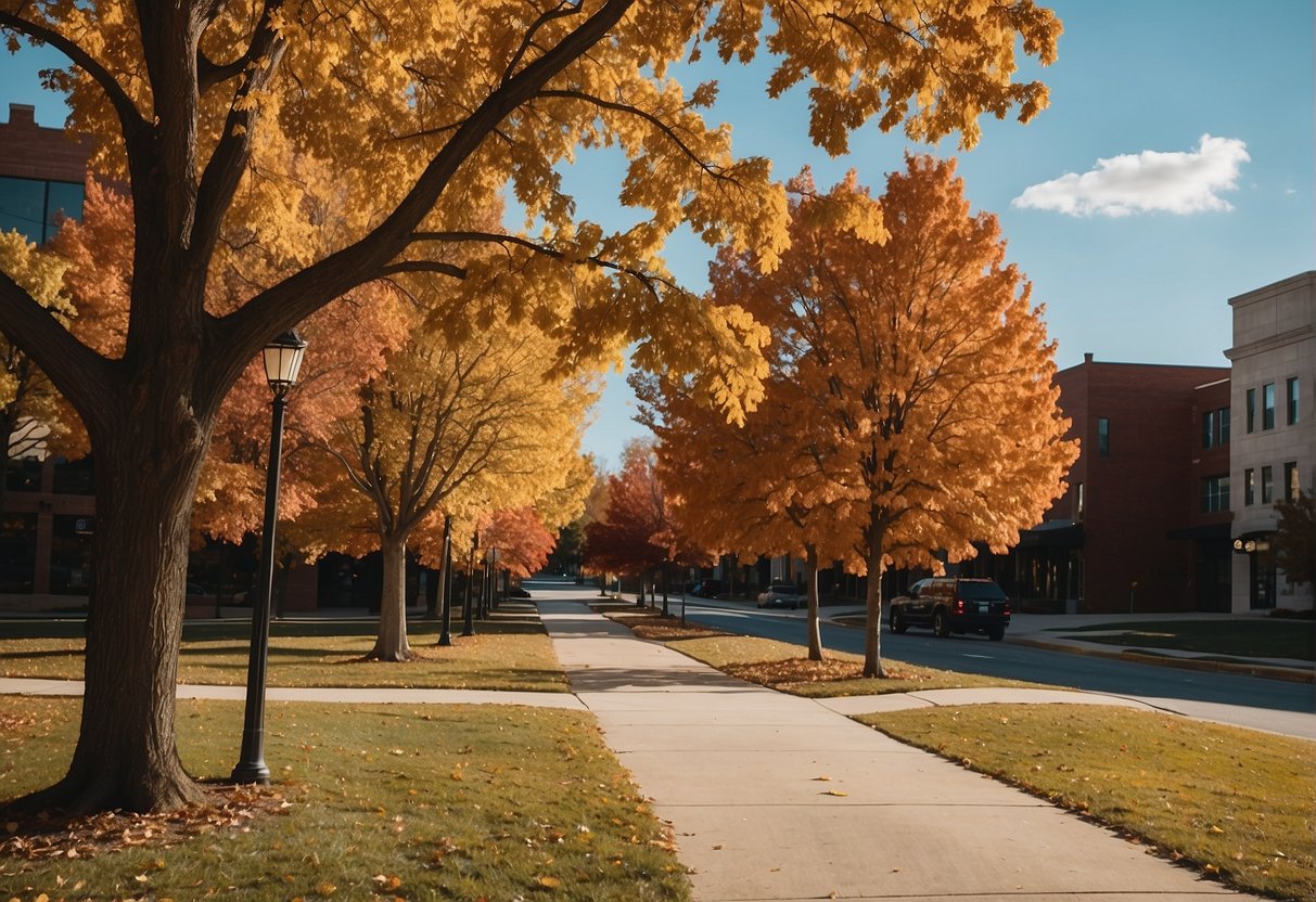 A vibrant autumn landscape in Kansas City, with colorful foliage and clear blue skies, showcasing the best time to visit