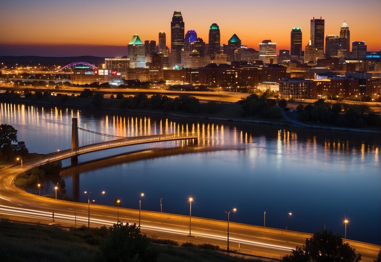Sunset over Kansas City skyline with vibrant colors reflecting off the Missouri River, bustling streets filled with people and illuminated attractions