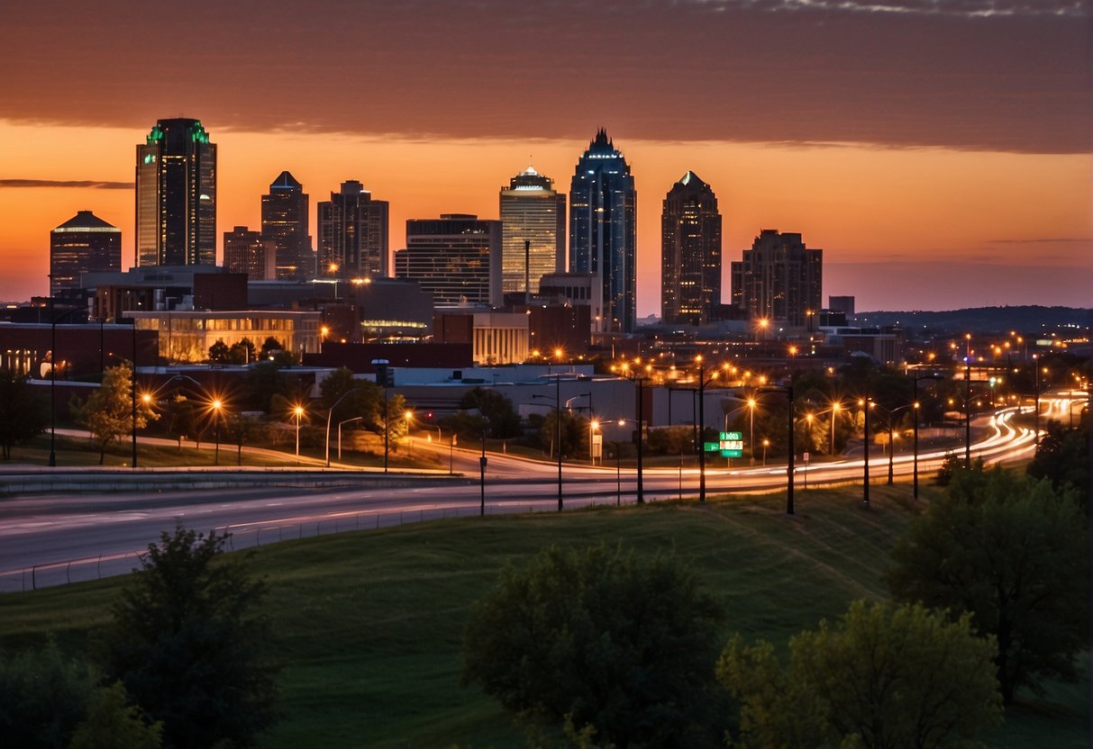 The sun sets behind the Kansas City skyline, casting a warm glow over the city. Tourists explore the lively streets, while locals enjoy outdoor dining and live music