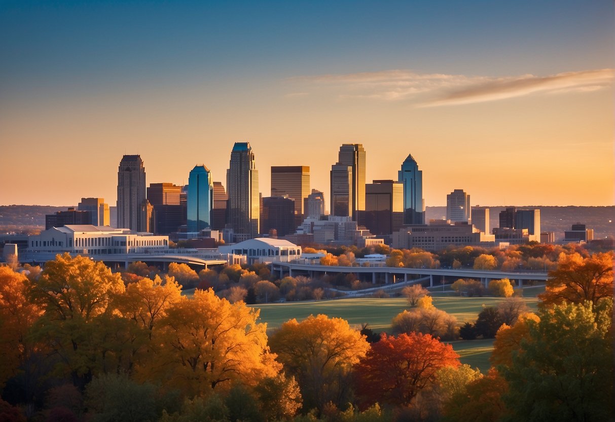 The scene shows a vibrant Kansas City skyline against a backdrop of colorful fall foliage, with clear blue skies and a warm, golden sunset