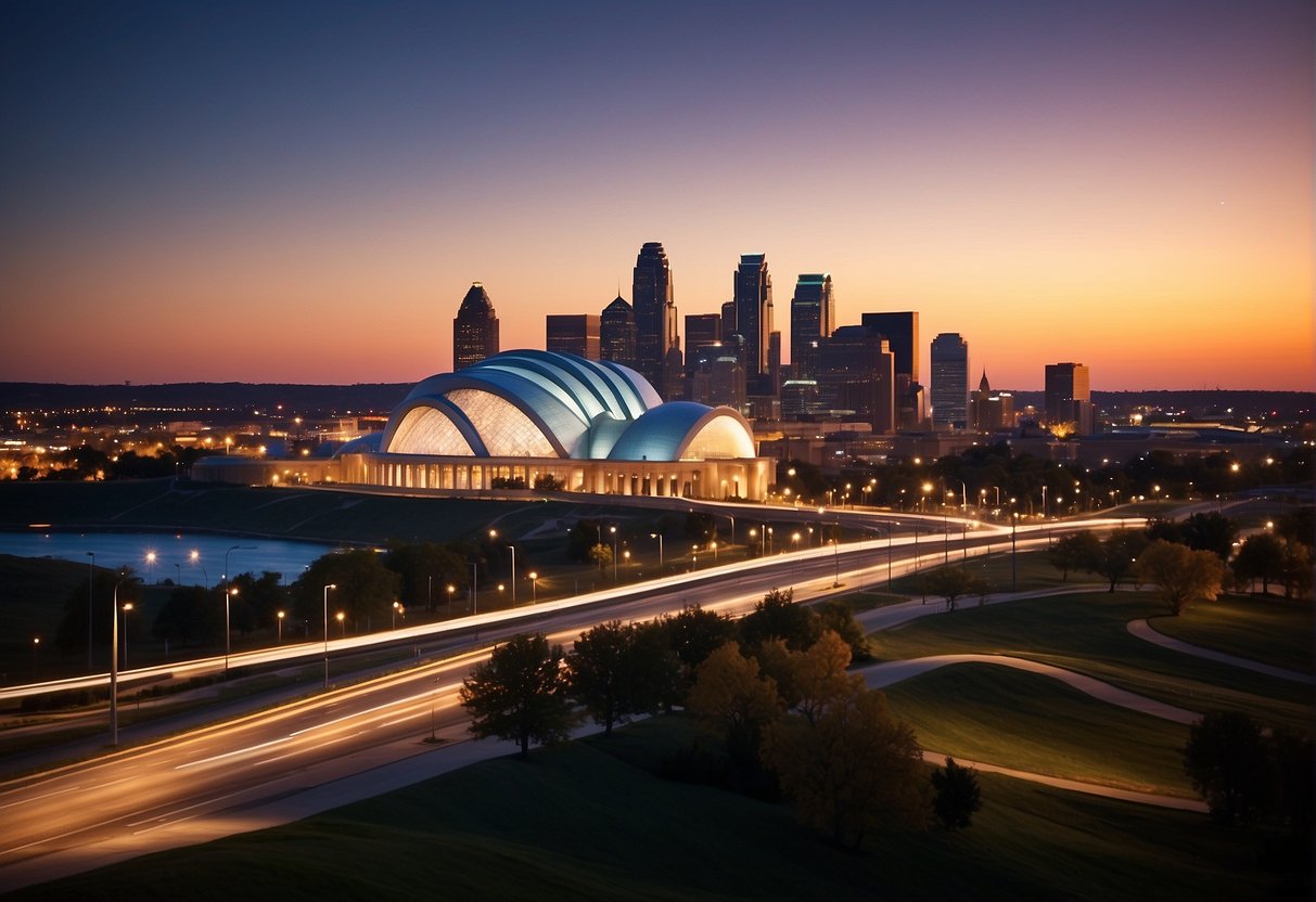 Kansas City's skyline glows under the setting sun, with iconic landmarks like the Kauffman Center for the Performing Arts and the Nelson-Atkins Museum of Art standing out against the vibrant cityscape