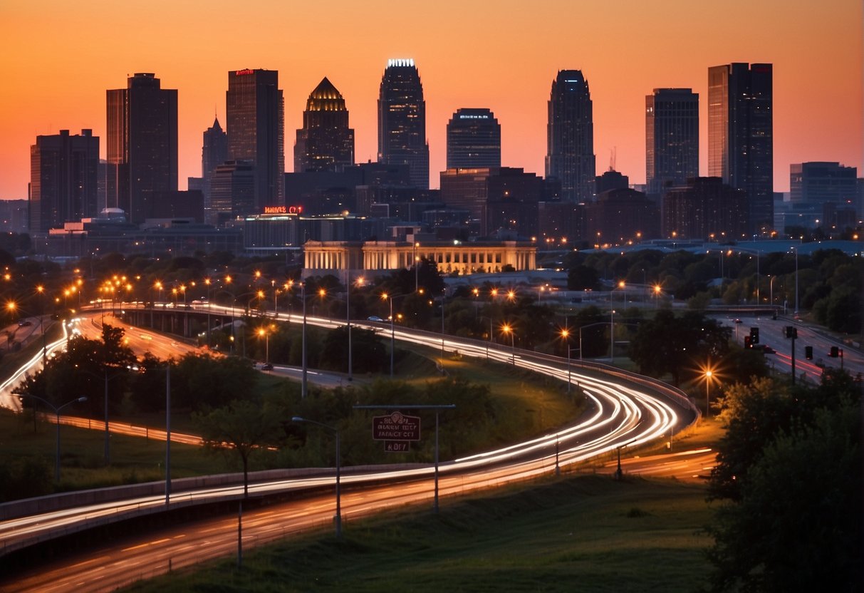 The sun sets behind the iconic Kansas City skyline, casting a warm glow over the bustling city streets and highlighting the vibrant colors of the surrounding buildings